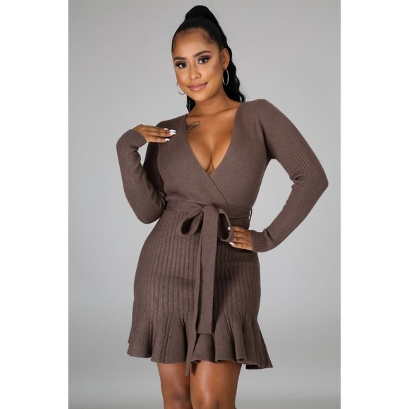 Dresses & Skirts - Mocha Long Sleeve Tie Waist Mini Dress #1727